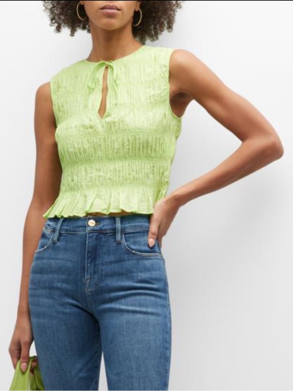 FRAME Shirred Top Lime Smocked Crinkle Tie Front Sz M Sleeveless Boho $298